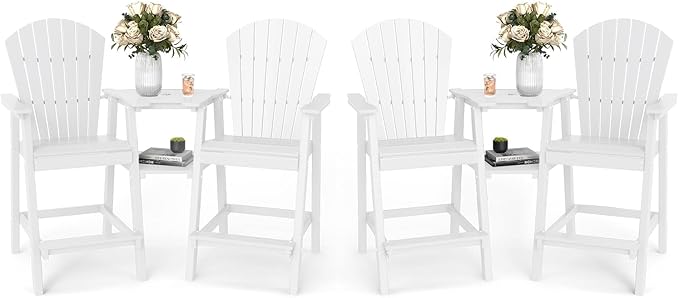 FOOWIN Tall Adirondack Chair Set of 4, All Weather HDPE Bar Height Adirondack Chair with Double Connecting Trays, Adirondack Barstools for Balcony, Deck, Backyard, Patio, Garden White