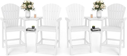 FOOWIN Tall Adirondack Chair Set of 4, All Weather HDPE Bar Height Adirondack Chair with Double Connecting Trays, Adirondack Barstools for Balcony, Deck, Backyard, Patio, Garden White