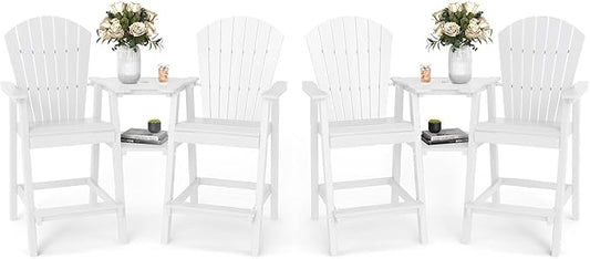 FOOWIN Tall Adirondack Chair Set of 4, All Weather HDPE Bar Height Adirondack Chair with Double Connecting Trays, Adirondack Barstools for Balcony, Deck, Backyard, Patio, Garden White