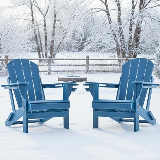 Folding Outdoor Adirondack Chairs Set of 2 with High&Reclining Back-HDPE Weather Resistant Patio Chairs with Cup and Phone Holder for Patio,Fire Pit, Garden and Backyard