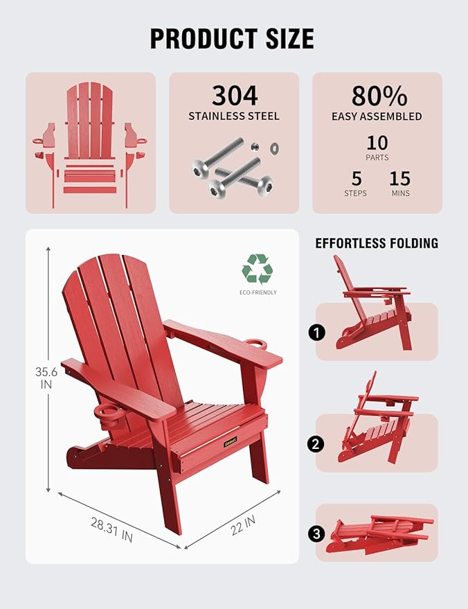 Folding Adirondack Chair, Wooden Textured Plastic Adirondack Chairs with 2 Cup Holder - Photo 3