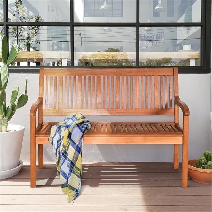 Pemberly Row 50" Eucalyptus Outdoor Garden Bench, Natural Finish, Solid Wood, Weather-Resistant, Ergonomic Design with Armrests, 2-Person Seating for Patio, Garden, or Poolside Use