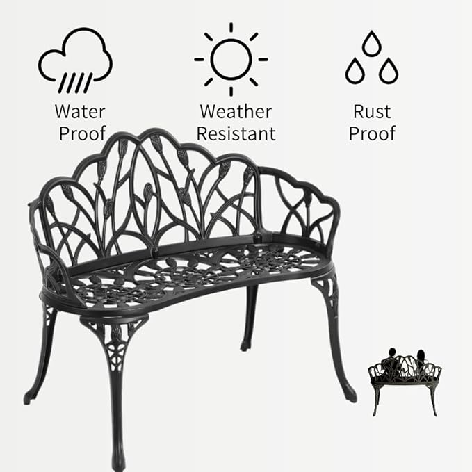 Patio Aluminum Outdoor Bench, Garden Metal Loveseat Furniture, Vintage Tulip Carving Antique Black Front Porch Chair Seat