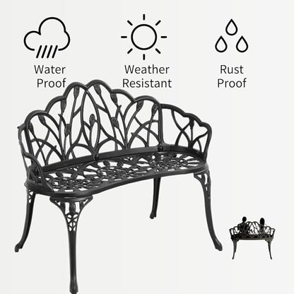 Patio Aluminum Outdoor Bench, Garden Metal Loveseat Furniture, Vintage Tulip Carving Antique Black Front Porch Chair Seat