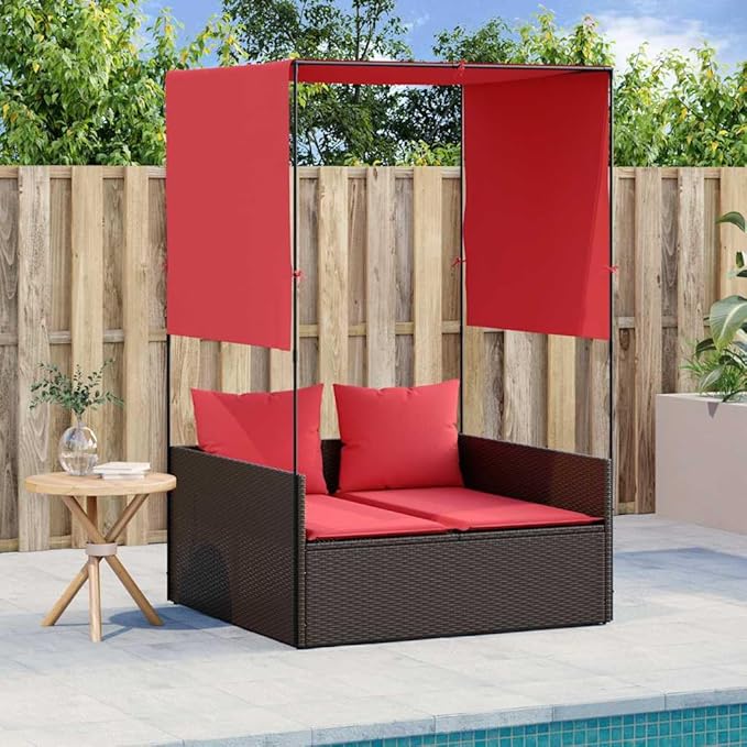 Patio Double Sun Lounger with Roof & Curtains 44.5 lbs Brown Red Synthetic Rattan 2 Person Outdoor Chaise Lounge 17 x 18.3 x 29 in for Garden Poolside Balcony