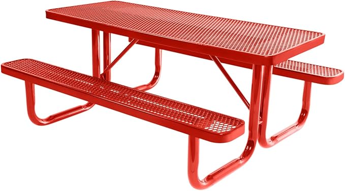 COATEDOUTDOORFURNITURE Heavy-Duty Portable Outdoor Picnic Table, Thermoplastic Coated Expanded Metal Commercial-Grade Patio Furniture Made in America (6ft Rectangular, Red with Red Frames)