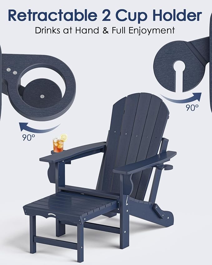 Folding Adirondack Chair with Ottoman, Recyclable HDPE Adirondack Patio Chair with 2 Cup Holder, Outdoor Fire Pit Chairs with Pull Out Footrest, Weather Resistant for Garden, Deck, Poolside, Navy Blue