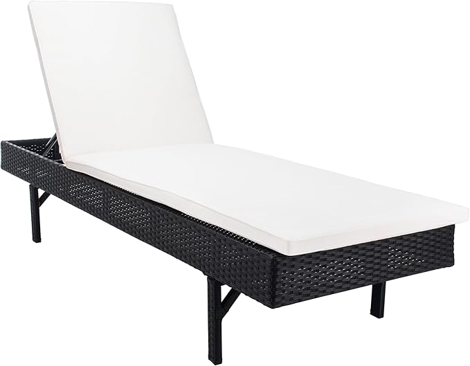 SAFAVIEH Outdoor Collection Cam Black Wicker/Beige Cushion Adjustable Chaise Lounge Chair, Black/Beige (PAT7501A)