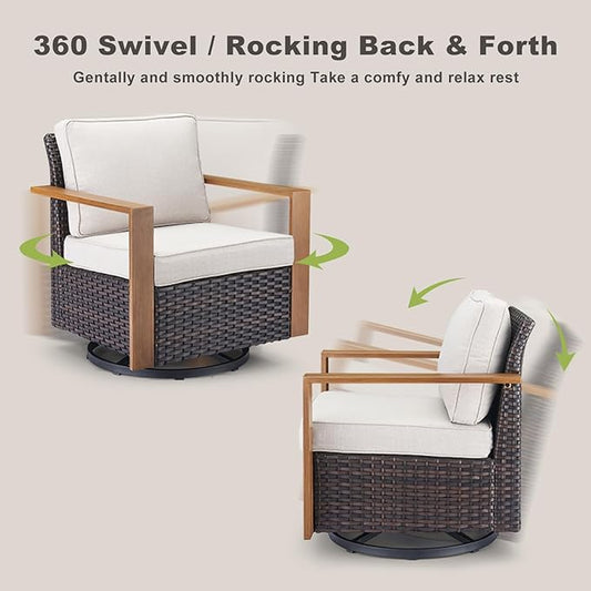 Rilyson Outdoor Wicker Patio Furniture Set - 5 Piece Patio Conversation Set with 2 Wicker Swivel Rocker Chairs,2 Rattan Ottoman and 1 Couch,Thick Cushions,Deep Seating,Wide Armrest(Brown/Beige)