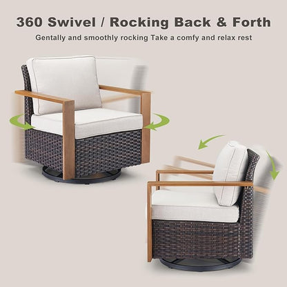 Rilyson Outdoor Wicker Patio Furniture Set - 5 Piece Patio Conversation Set with 2 Wicker Swivel Rocker Chairs,2 Ottoman, 1 Side Table, Thick Cushions, Deep Seating, Wide Armrest(Brown/Beige)