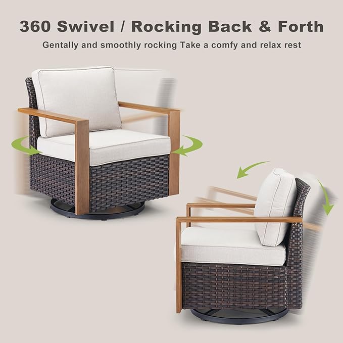 Rilyson Outdoor Wicker Patio Furniture Set - 8 Piece Patio Conversation Set with 4 Wicker Swivel Rocker Chairs,2 Rattan Ottoman 1 Side Table and 1 Couch,Thick Cushions,Deep Seating(Brown/Beige)