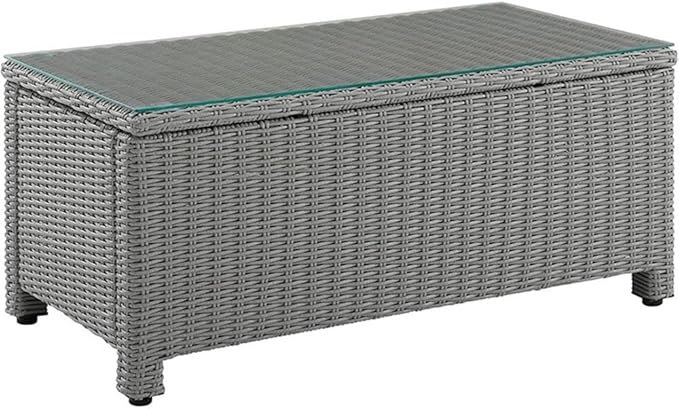 Pemberly Row 40" Wicker Patio Coffee Table, Tempered Glass Top, Gray Resin All-Weather Wicker, Powder-Coated Steel Frame, Rectangular Outdoor Table for Garden, Deck, or Patio Use