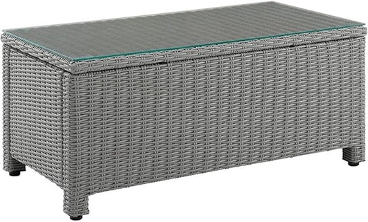 Pemberly Row 40" Wicker Patio Coffee Table, Tempered Glass Top, Gray Resin All-Weather Wicker, Powder-Coated Steel Frame, Rectangular Outdoor Table for Garden, Deck, or Patio Use
