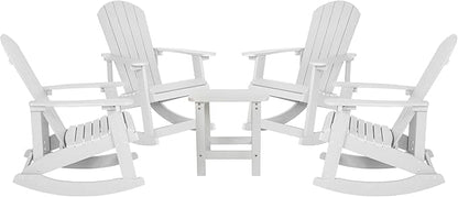 Flash Furniture Set of 4 Savannah Adirondack Rocking Chairs - Commercial Grade All-Weather White Poly Resin Wood - Matching Side Table