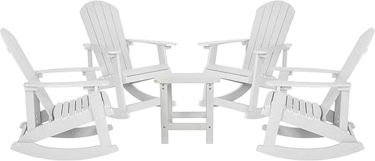Flash Furniture Set of 4 Savannah Adirondack Rocking Chairs - Commercial Grade All-Weather White Poly Resin Wood - Matching Side Table
