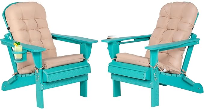 Adirondack Chair with Cushion & Cup Holder, HDPE Folding Adirondack Chair with Wood-Like Grain Outdoor Fire Pit Chairs for Patio/Porch/Swimming Pool/Camping
