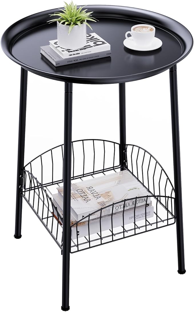 Small Outdoor Side Table, 2-Tier Round Metal Patio Table, Accent Table Waterproof, Weather Resistant End Table for Yard Porch Pool Balcony Garden Bedside (Black)