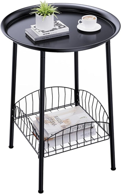 Small Outdoor Side Table, 2-Tier Round Metal Patio Table, Accent Table Waterproof, Weather Resistant End Table for Yard Porch Pool Balcony Garden Bedside (Black)