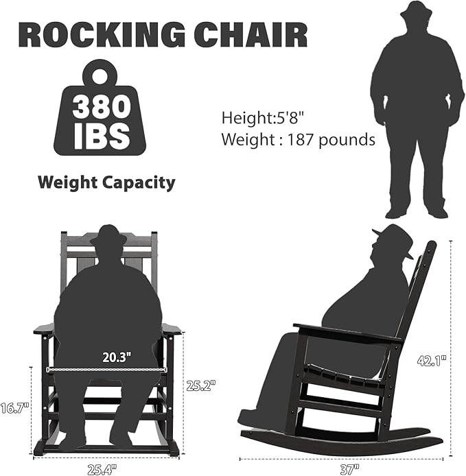 Rocking Chair, Outdoor Rocking Chair for Adults, HDPE Outdoor Chairs with Footboard, All Weather Resistant Porch Rocker, Black