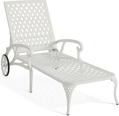 HOMEFUN Chaise Lounge Chair Outdoor, Poolside Lounger Outside Cast Aluminum Tanning Chairs with Adjustable Backrest and Moveable Wheels, White
