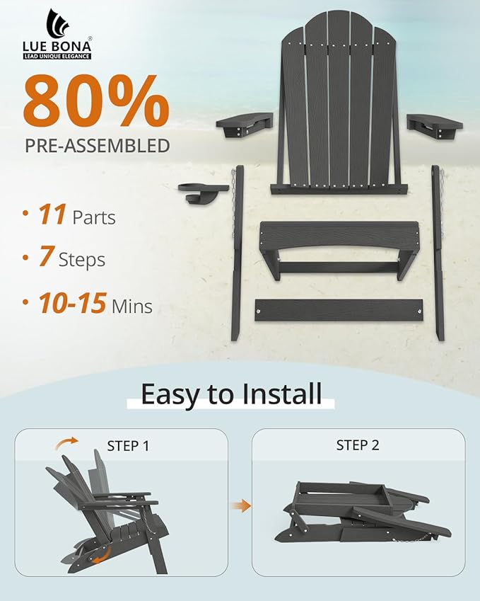 LUE BONA Folding Adirondack Chair, Cup Holder, Woodgrain, Fire Pit, Patio, Pool, Black - Photo 3