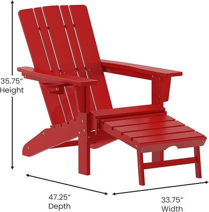 Flash Furniture Halifax Poly Resin Adirondack Chair with Cup Holder and Pull Out Ottoman, All-Weather Poly Resin Indoor/Outdoor Lounge Chair, Red