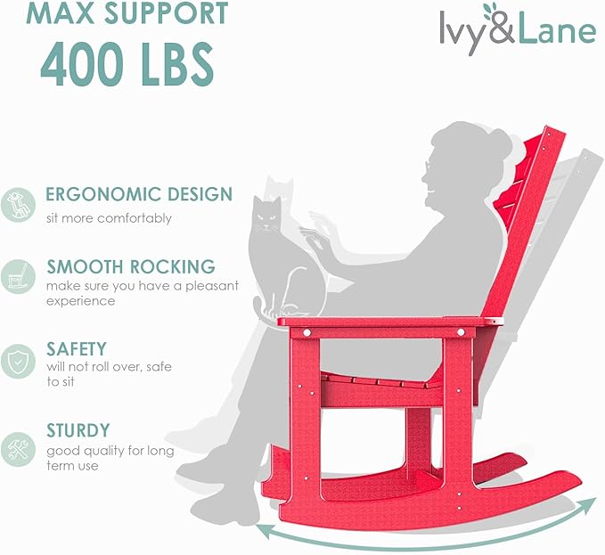 IVY&LANE Outdoor Rocking Chairs Set of 2 | Porch-Rockers | Red | HDPE Plastic | All-Weather | High Back | Wide Seat | Oversized Patio Rocker for Adult | for Outside Deck Balcony Garden