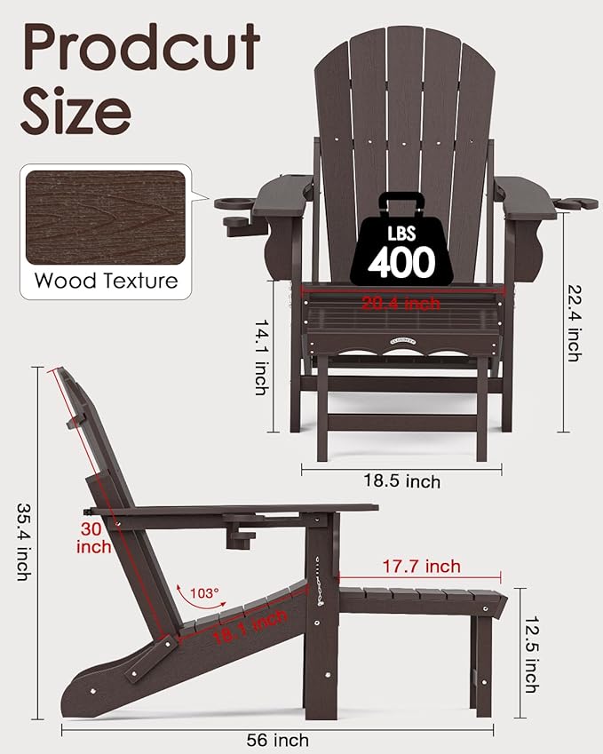 Folding Adirondack Chair with Ottoman, Recyclable HDPE Adirondack Patio Chair with 2 Cup Holder, Outdoor Fire Pit Chairs with Pull Out Footrest, Weather Resistant for Garden, Deck, Poolside, Brown