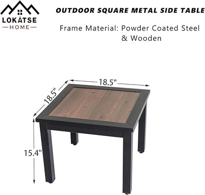 LOKATSE Home Outdoor Square Metal Coffee Side Table Patio Furniture with Wood Grain Top for Backyard, Deck, Lawn, Garden