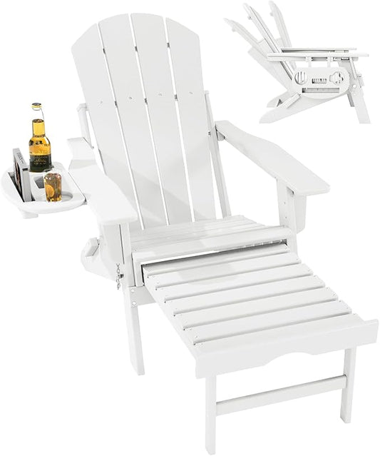 FOOWIN Folding Adjustable Adirondack Chair with Retractable Ottoman, HDPE Adirondack Chair w/4 in 1 Cup Holder Trays,All-Weather Resistant Fire Pit Chair for Outdoor Patio Lawn, White