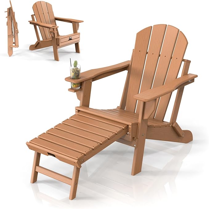VINGLI Folding Adirondack Chair with Ottoman, Waterproof Plastic HDPE Firepit Chair for Outside with Hidden Footrests - Photo 1