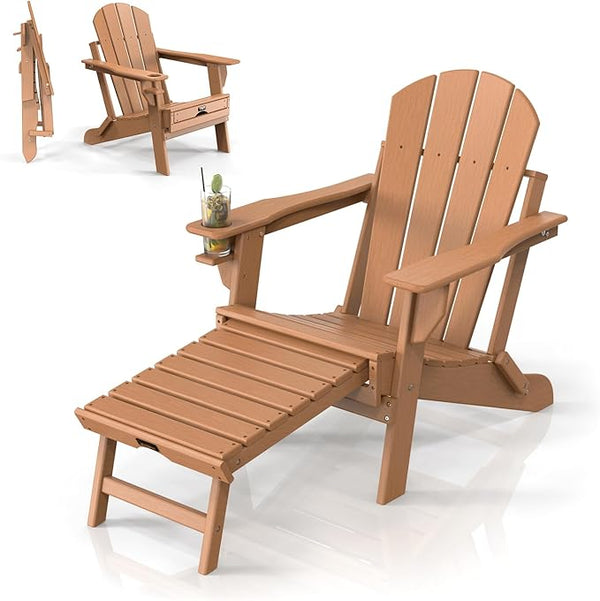VINGLI Folding Adirondack Chair with Ottoman, Waterproof Plastic HDPE Firepit Chair for Outside with Hidden Footrests - Photo 1