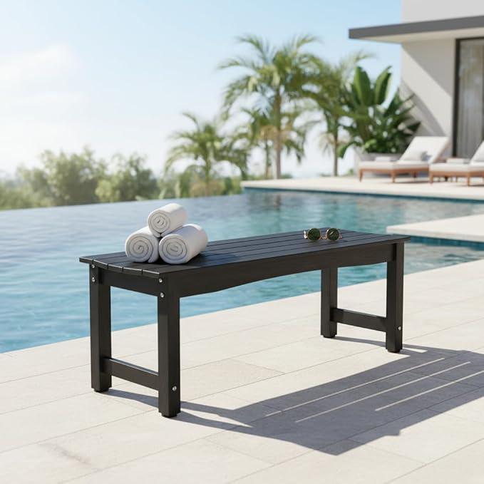 Weatherproof HIPS Outdoor Bench, 2-Person Patio Dining Bench, All-Weather Poly Lumber Garden Bench, Never Rot or Fade, Park Bench with Wood Grains for Porch, Garden, Deck, Entryway, Black