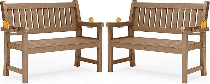 YEFU Outdoor Bench for Patio Waterproof: Heavy Duty 2-Person Garden Bench Set of 2 with 2 Cup Holders & Oversized Seating - HIPS Weatherproof Patio Benches for Front Porch Backyard Park, Teak