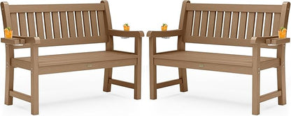 YEFU Outdoor Bench for Patio Waterproof: Heavy Duty 2-Person Garden Bench Set of 2 with 2 Cup Holders & Oversized Seating - HIPS Weatherproof Patio Benches for Front Porch Backyard Park, Teak