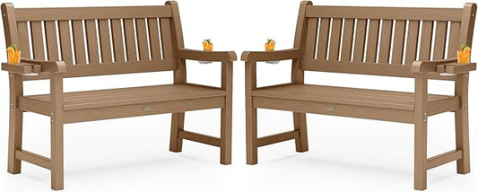 YEFU Outdoor Bench for Patio Waterproof: Heavy Duty 2-Person Garden Bench Set of 2 with 2 Cup Holders & Oversized Seating - HIPS Weatherproof Patio Benches for Front Porch Backyard Park, Teak
