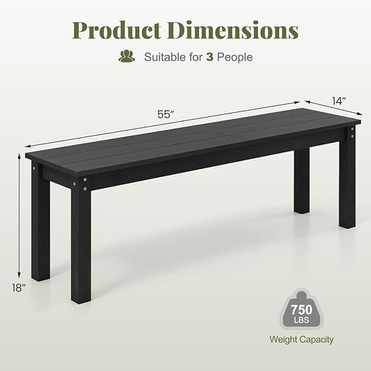 Moccha HDPE Outdoor Bench, 55" Patio Bench with Slatted Seat & 750 Lbs Capacity, Weatherproof Outside Seating Furniture, 2-3 People Backless Garden Bench, Loveseat for Entryway, Porch, Lawn, Backyard