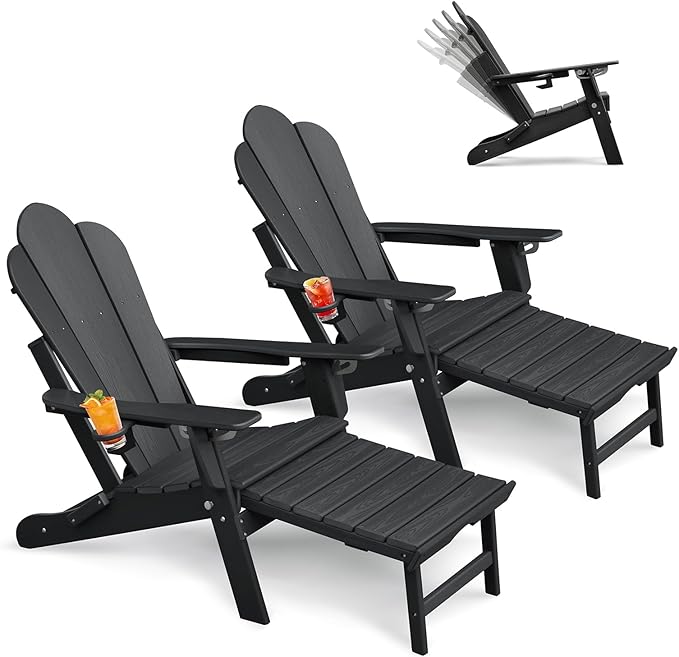 GOWE Folding Outdoor Adirondack Chair with Ottoman,HDPE All-Weather Folding Fire Pit Chair, Ergonomic Design Patio Lawn Chair for Outside Deck Garden Backyardf Balcony,Black