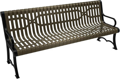 COATEDOUTDOORFURNITURE Heavy-Duty Outdoor Bench Thermoplastic Coated, Slatted Steel, Commercial-Grade Garden Bench, Made in America (Portable with Back, 6 Ft, Textured Gold Vein)