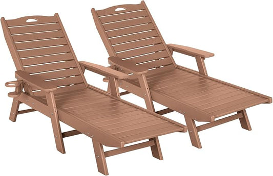 nalone Chaise Lounge Set of 2 Outdoor with 5-Position Adjustable Backrest, HDPE Lounge Chair for Outside Supports Up to 400 LBS, Pool Lounge Chairs for Patio Poolside Deck Beach Backyard (Teak)