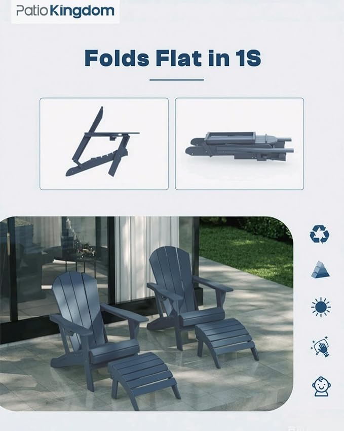 Navy Blue 6-Piece Folding Adirondack Chair Set with Cup Holders, Ottomans, Side Table & Beige 9FT Patio Umbrella with Base, HDPE Outdoor Chairs