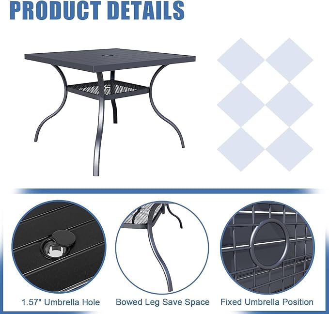 SOLAURA 37” Outdoor Dining Table Patio Slat Table Top for 4-Person/Metal Frame, Umbrella Hole, Indoor or Outdoor, Black