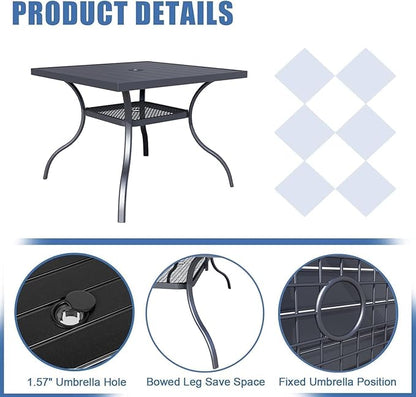SOLAURA 37” Outdoor Dining Table Patio Slat Table Top for 4-Person/Metal Frame, Umbrella Hole, Indoor or Outdoor, Black