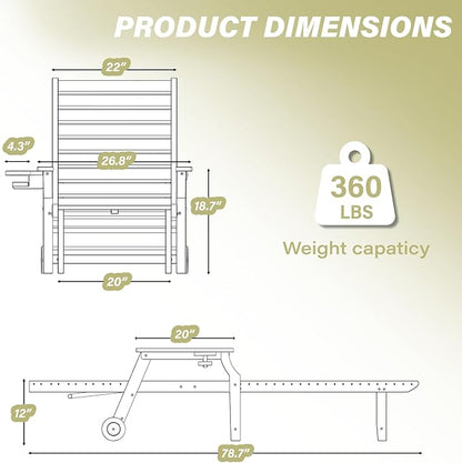 5-Position Adjustable Patio Chaise Lounge - 78'' HDPE Outdoor Lounger with Rolling Wheels & Cup Holder, Longer, Wider, Higher - Perfect for Poolside & Deck, Brown, 4pcs