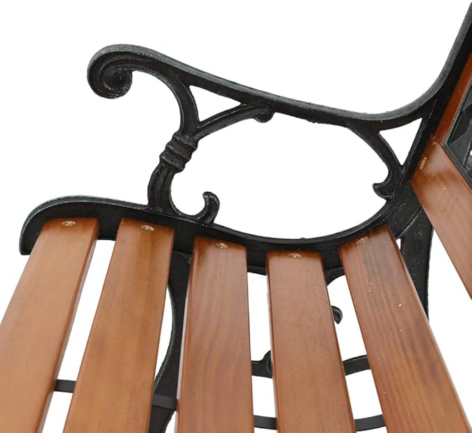 49-Inch Outdoor Garden Bench Natural Hardwood Patio Park Bench Rustic Elegant Porch Deck Loveseat with Bronze Cast Iron Frame and Weave Pattern