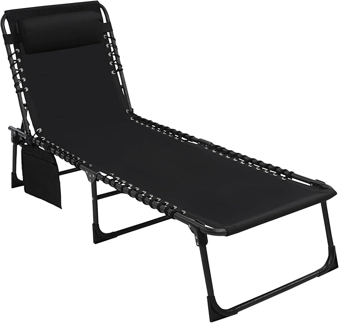 MUPATER 4-Fold Patio Chaise Lounge Chair for Outdoor with Detachable Pocket and Pillow, Portable Sun Lounger Recliner for Beach, Camping and Pool, Black