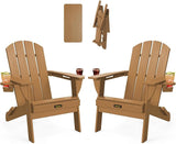 Folding Adirondack Chair Set of 2, Wooden Textured Plastic Adirondack Chairs with 2 Cup Holder - Photo 1