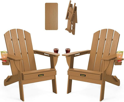 Folding Adirondack Chair Set of 2, Wooden Textured Plastic Adirondack Chairs with 2 Cup Holder, Weather Resistant HDPE Fire Pit Chair, Outdoor Patio Chairs for Garden, Backyard, Lawn, Deck, Teak