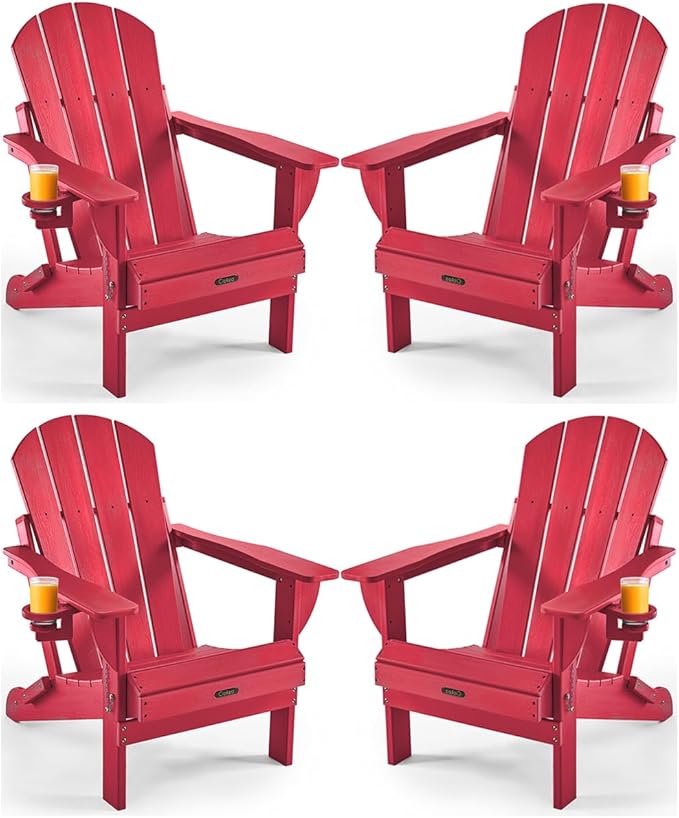 Ciokea Folding Adirondack Chair 4 Pack, Patio Adirondack Chair Weather Resistant, Plastic Fire Pit Chair with Cup Holder, Lawn Chair for Outdoor Porch Garden Backyard Deck (Red)