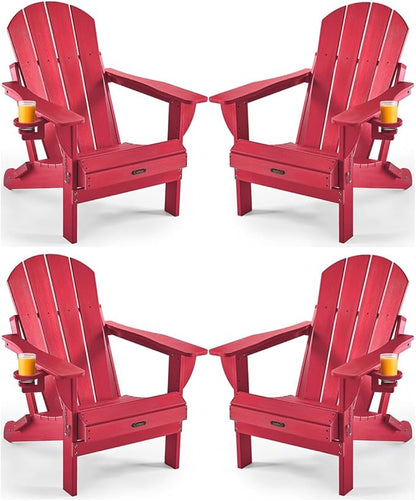 Ciokea Folding Adirondack Chair 4 Pack, Patio Adirondack Chair Weather Resistant, Plastic Fire Pit Chair with Cup Holder, Lawn Chair for Outdoor Porch Garden Backyard Deck (Red)